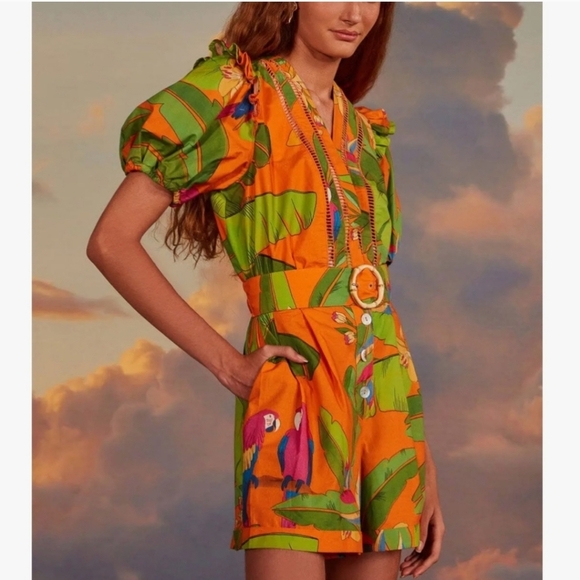 New FARM Rio Fresh Macaw Orange Romper XXS NWT - Picture 1 of 12